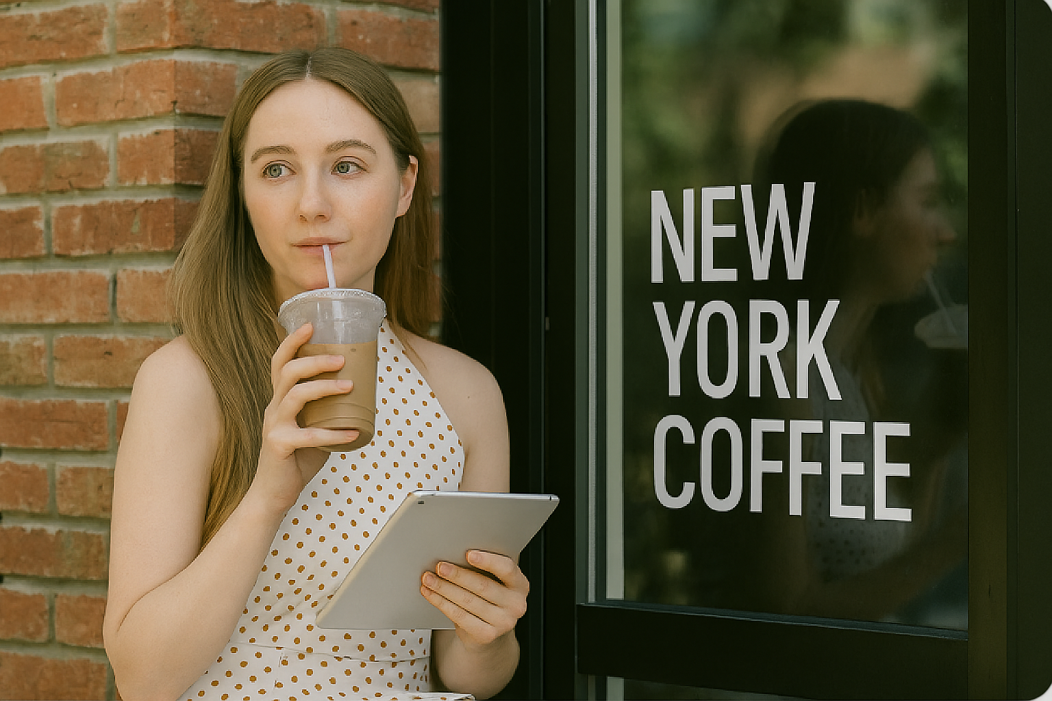 Woman with coffee cup looking thoughtful